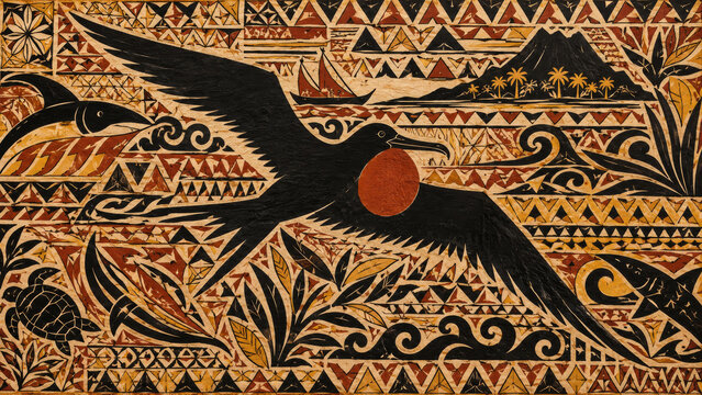 Traditional Hawaiian Kapa Cloth Frigatebird Art Print, Flat Bark Fabric Painting for Tropical Tribal Decor