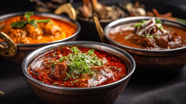 Traditional Indian Curry Feast Elegant Presentation on Premium Dining Table
