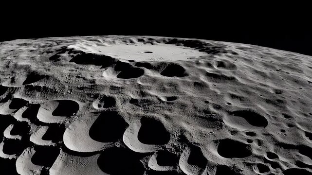 close orbital perspective of the Moon with illuminated crater field occupying the right half of frame and shadowed hemisphere on the left, large circular impact crater with central