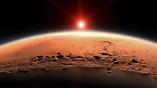 deep space view of Mars dominating the upper right of the frame, large red planet sphere with realistic surface texture, dark volcanic regions and canyon-like markings visible