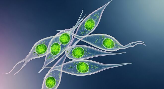 Microscopic view of Leishmania parasites with vibrant green kinetoplasts.