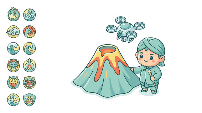 Chibi Balinese male character in traditional costume with udeng beside an active volcano and drone, featuring circular icons of Barong masks and cultural dragon motifs.