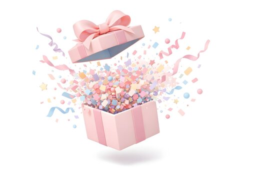 Opened pink gift box floating in mid air with vibrant colorful confetti and streamers exploding outward in a celebratory display of joy and festive spirit