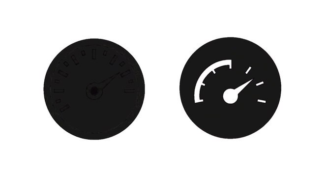 Minimal black silhouette icon, simple flat vector, bold black shape, no, no shading set of two speedometer and gauge icons in black and white on a, flat icon style