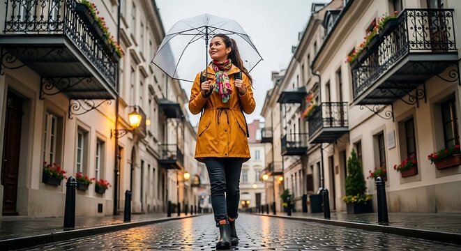 Young Woman Walking with Clear Umbrella on Rainy European Cobblestone Street