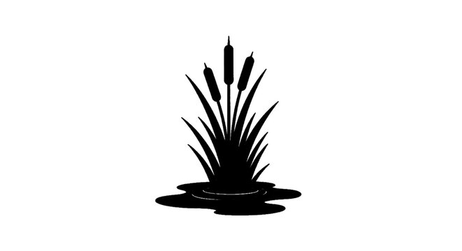 Minimal black silhouette icon, simple flat vector, bold black shape, no, no shading silhouette of cattail plants in water on a, flat icon style