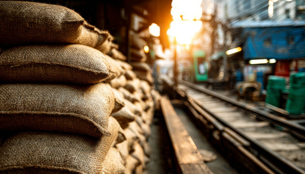 Stacks of burlap sacks illuminated by warm sunlight along a railway track in an industrial setting