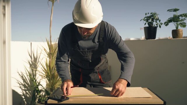 Man wearing white safety helmet and work uniform measuring and marking wooden plank with pencil, performing precise construction layout work for building and carpentry project