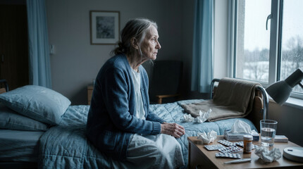 Obraz premium Elderly Woman Contemplating The Passing Days While Sitting On A Bed In A Dim Light