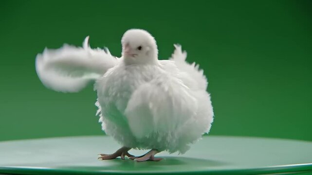 White chicken standing on green surface.