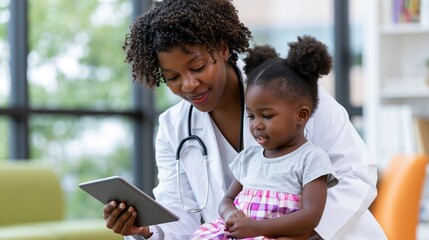 Obraz premium Doctor and Patient Interaction: A compassionate doctor, wearing a stethoscope and white coat, shows a tablet to a young child in her arms, fostering a warm and trusting patient-doctor relationship.