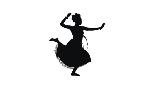 Dancer moves with dynamic energy and flair in a flowing skirt presented as a black silhouette form.