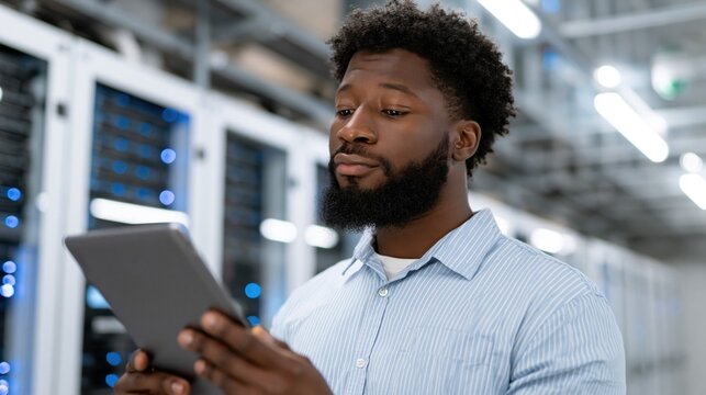 Server Room Focus: A focused Black man with a beard, wearing a light blue shirt, holds a tablet and stands in a server room, surrounded by rows of glowing computer servers.