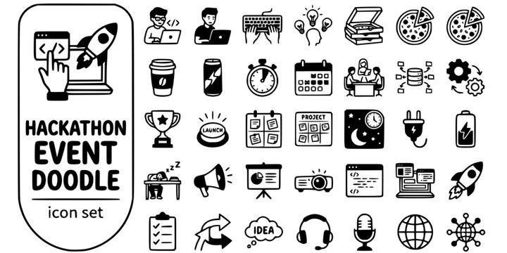 Startup Hackathon Event Doodle Black White-Coding Figure Pizza Late Night-Sprint Vector-Hackathon Icon Doodle-Startup Design Set