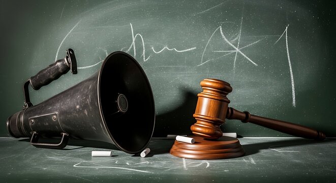 Vintage Megaphone and Wooden Gavel Resting on Chalkboard Surface