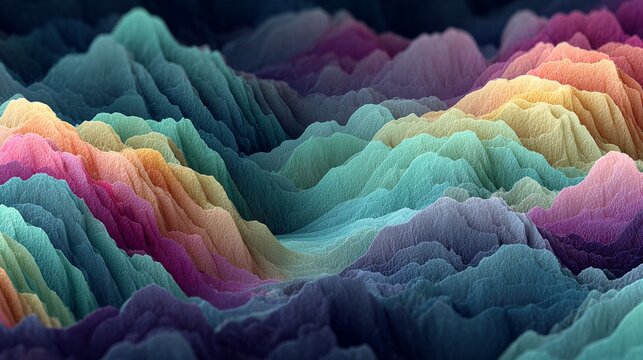 Explore vibrant abstract landscape with undulating peaks and valleys in an array of colors depicting digital art and creativity