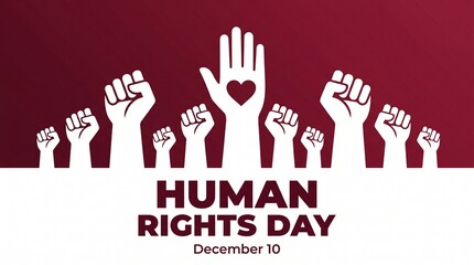 Obraz premium A powerful vector graphic for Human Rights Day on December 10, featuring raised fists of solidarity alongside an open hand with a heart symbol on a bold maroon background.