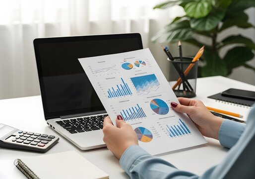 A diligent person meticulously reviews a comprehensive report filled with intricate charts and graphs alongside a laptop, calculator, and office supplies, signifying a focused approach