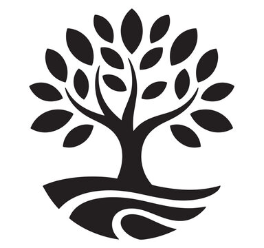 Stylized black silhouette of a tree of life with flowing waves at its base, symbolizing nature's harmony.