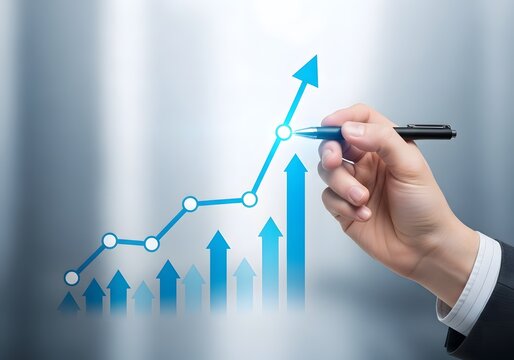 A skilled hand in a formal suit thoughtfully charts a promising trajectory upwards on a luminous graph, signifying progressive advancement and triumphant achievement in business ventures