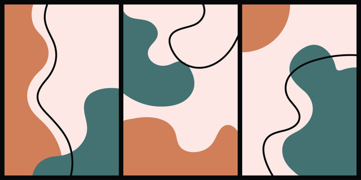 Abstract art triptych with teal orange and beige shapes and black lines on white background  modern wall art