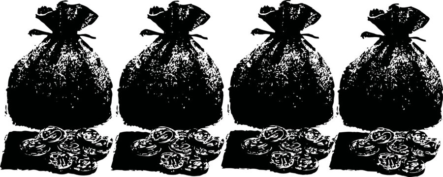Four money bags with scattered gold coins, symbolizing wealth and financial prosperity