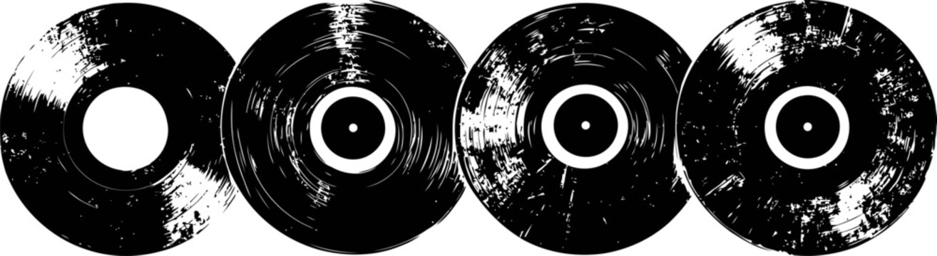 worn vintage vinyl records set retro music discs with visible scratches and aged texture