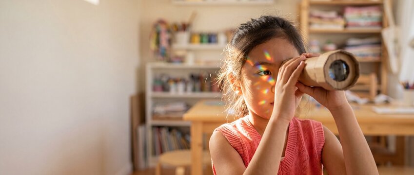 Asian girl cardboard telescope toy playing indoors with colorful rainbow prism light reflection refraction on face looking curious and creative exploring STEM education at home playroom concept panora