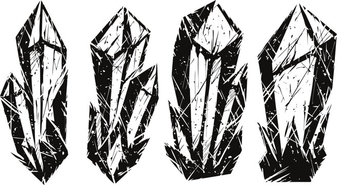 Black and white crystal clusters illustration with sharp faceted mineral points and geometric edges