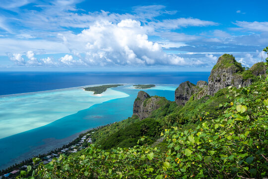 Panoramic view of Maupiti island and lagoon from Mount Teurafaatiu, French Polynesia
