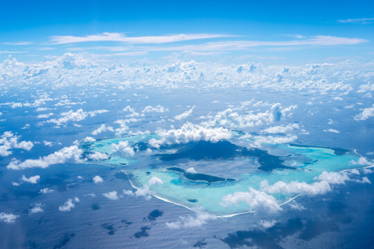 Aerial view of Bora Bora island and its turquoise lagoon