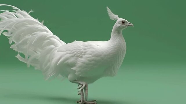 White Peacock Walking on Green Background.