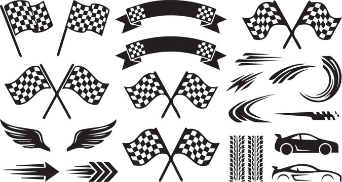 Racing Flags and Speed Element Silhouettes Vector Set