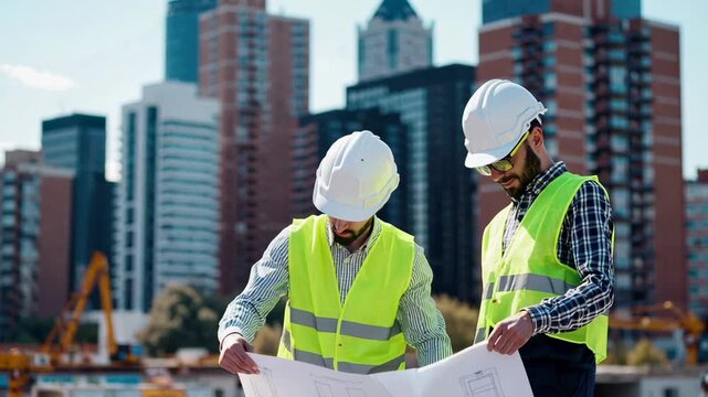 Two engineers wearing safety vests and hardhats are reviewing blueprints on a construction site, with a cityscape in the background, captured in slow motion