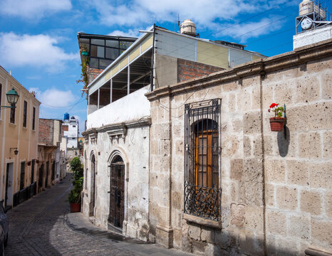 Houses in Arequipa, Peru with cactus and cobblestone streets