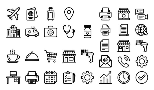 Professional Web Interface Icons for Travel Healthcare Food Retail and Office Services