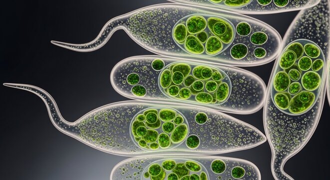 Microscopic view of Euglena cells with vibrant green chloroplasts and flagella.