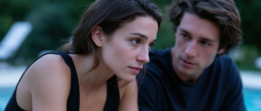 Two individuals share a moment of deep conversation by the poolside, capturing the essence of connection, emotions, and the essence of human relationships in a relaxed environment.