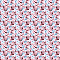 Cute colorful heart seamless pattern with geometric grid background. Sweet hand-drawn love vector illustration in red, blue, and pink for valentine wrapping paper