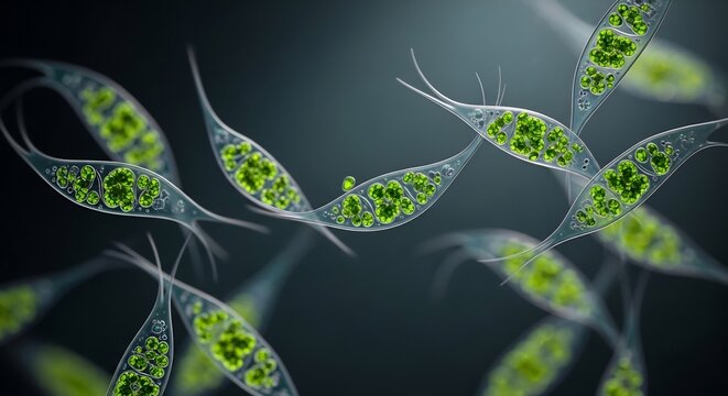 Microscopic View of Green Algae Cells with Chloroplasts.