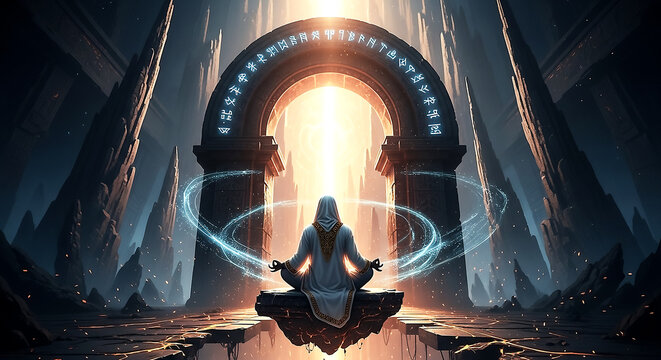 A figure meditates in a grand, ancient temple with glowing energy orbs, symbolizing spirituality, enlightenment, and inner peace in a mystical setting.