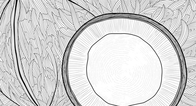 Detailed black and white illustration of a coconut half, set against a background of intricate, swirling leaf textures.
