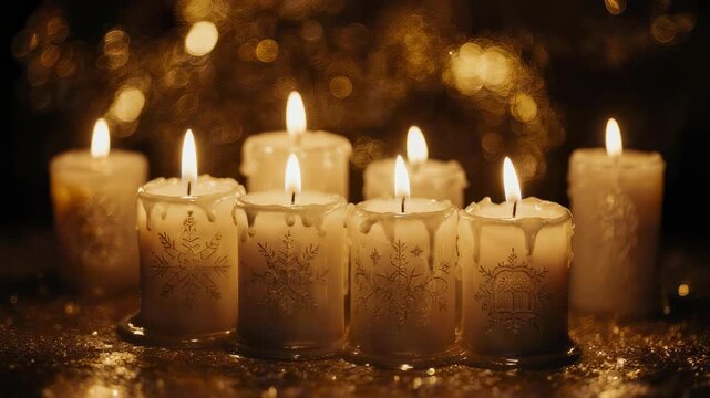 Group of lit candles on table.