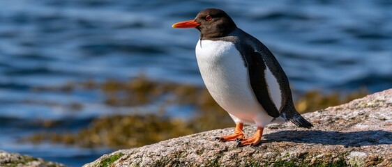 Fototapeta premium A stunning Gentoo penguin poses gracefully on a rocky outcrop by the ocean, showcasing the beauty of wildlife in its natural habitat and evoking feelings of adventure and nature.