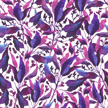 Hand drawn lavender pink floral pattern with leaves and branch. Watercolor purple background. spring botanical greenery illustration. For fabric, wallpaper, wrapping decor print
