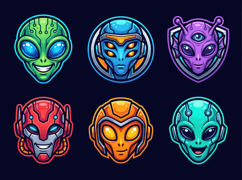 Set of Alien and Robot Heads, Sci-Fi Characters, Futuristic Avatars