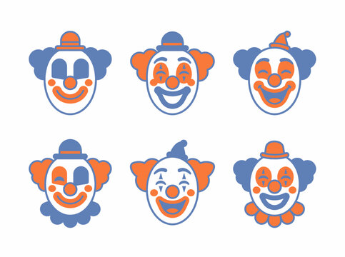 Set of six cartoon clown faces with different expressions, blue and orange colors