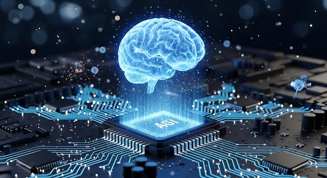 Artificial general intelligence holographic brain glowing above an AGI microchip on a computer motherboard