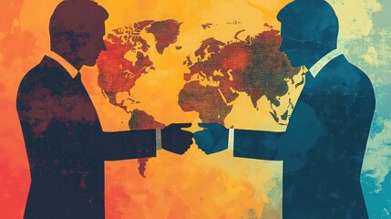 Fototapeta premium Two businessmen shaking hands in front of a world map, symbolizing global business partnership