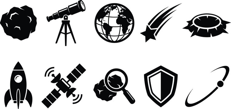 Space exploration and asteroid research flat icon set silhouette graphics for astronomy.